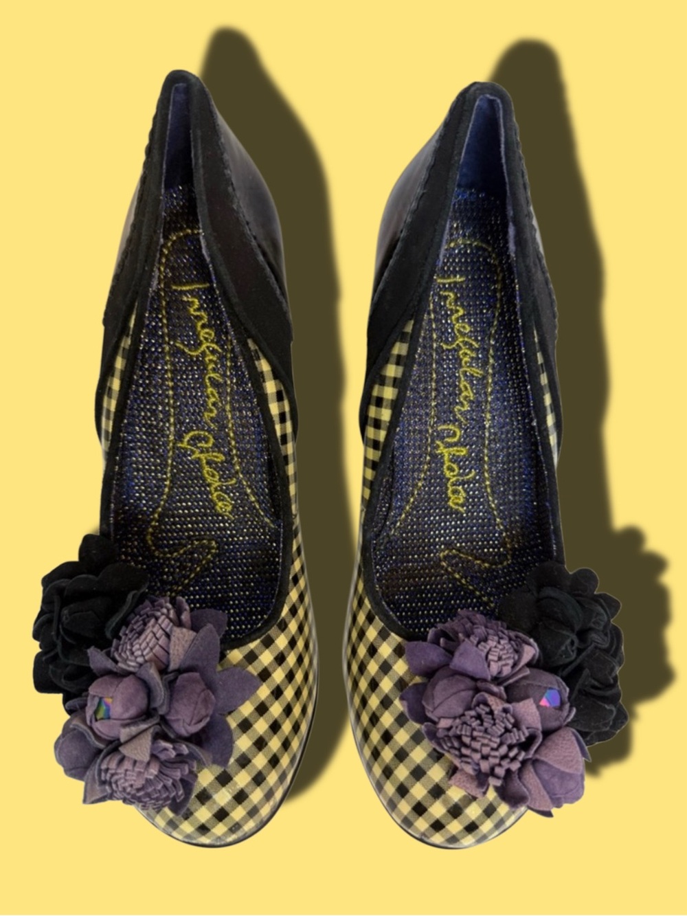 Irregular Choice Yellow & Black Gingham Heels with Floral Toe. Euro Size 36.5
